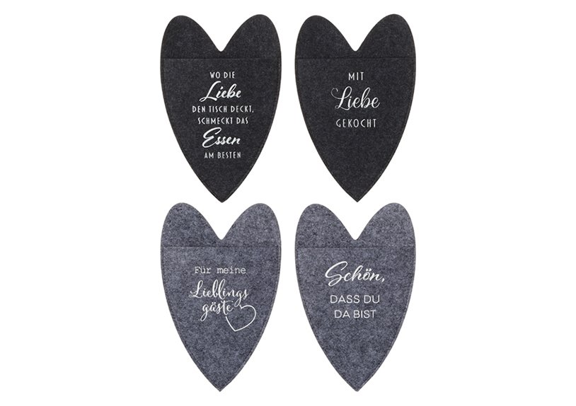 Cutlery bag heart with saying made of felt gray 4-fold, (w / h) 15x23cm