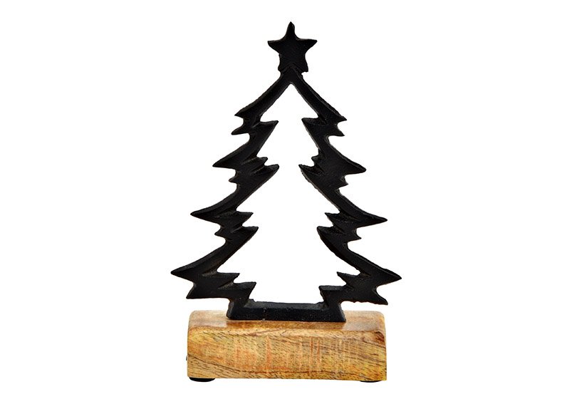 Kandelaar dennenboom op mango houten voet, metaal zwart (w/h/d) 12x18x5cm