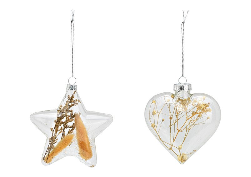 Weihnachtshänger Stern, Herz Trockenblumen Dekor, aus Glas transparent 2-fach, (B/H/T) 9x10x4cm