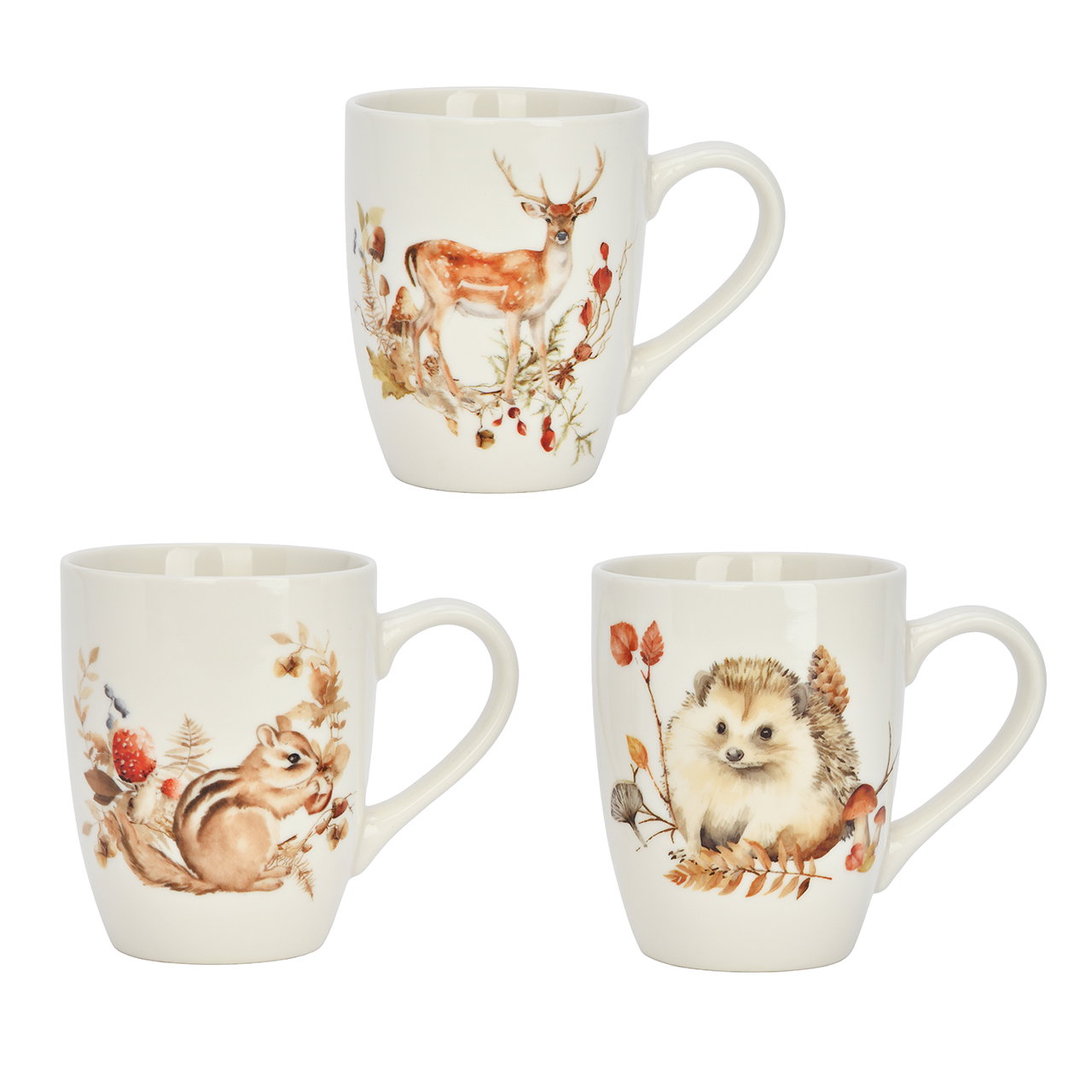 Tassen, Wildlife-Motiv, Bone China, 3er-Set, Herbstfarben