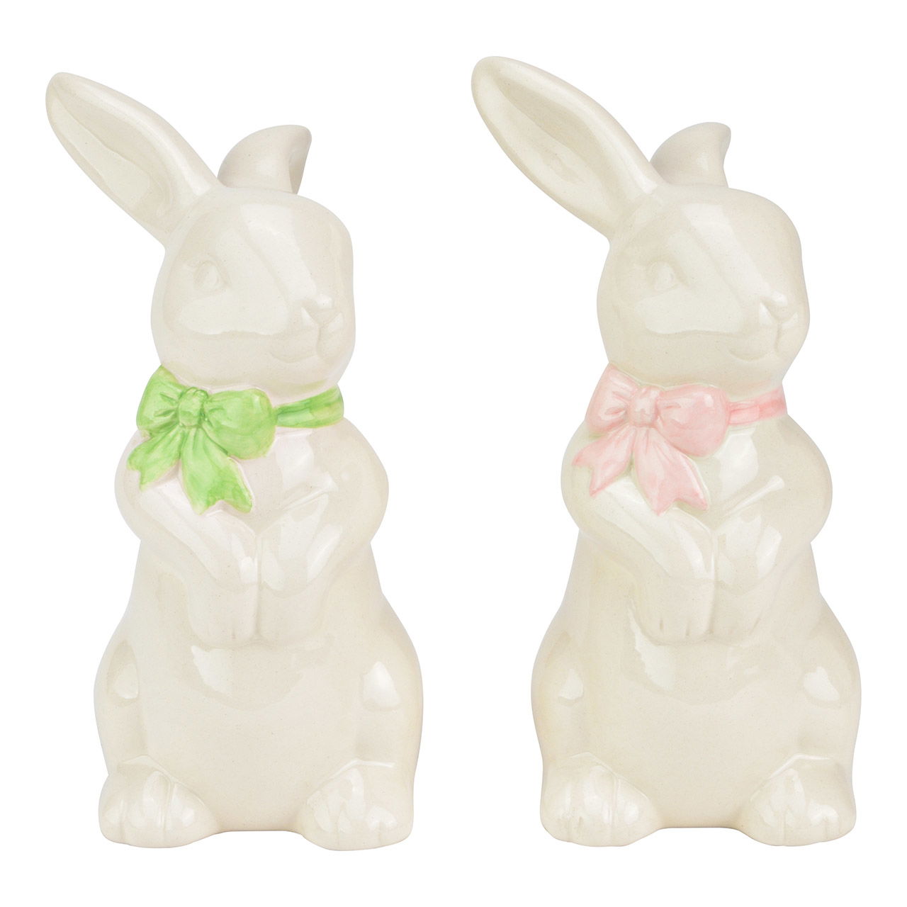 Lapin en céramique, avec noeud, 2 fois, blanc (L/H/P) 10x18x11cm Figur, Kunst, Porzellan, Töpferei