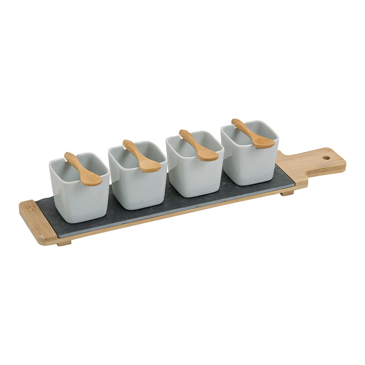 Appetizer set bowls with serving plate made of porcelain/bamboo/slate, 9 pcs. white/natural (W/H/D) 38x6x8cm