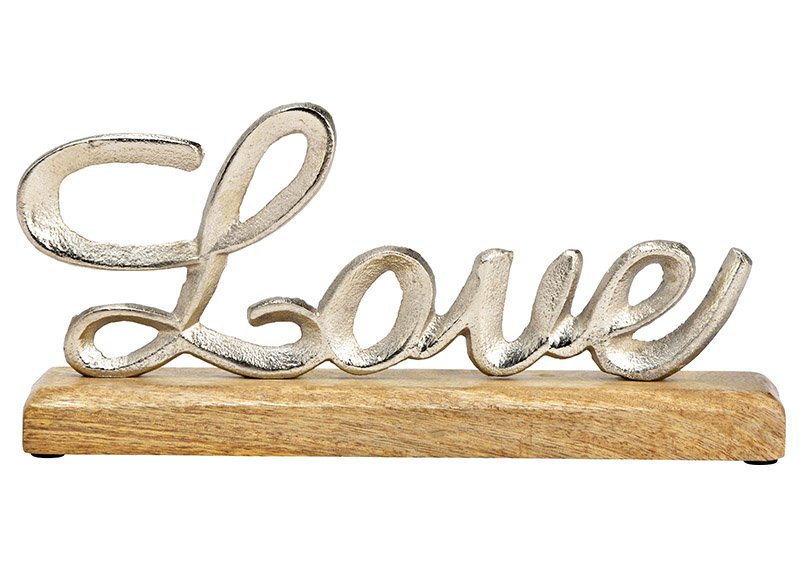 Présentoir écriture, Love, sur socle en bois de manguier, en métal argenté (L/H/P) 26x12x5cm