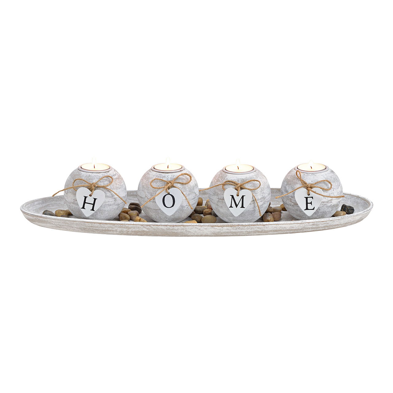 Tealight holder 4 on tray with stones HOME, made of MDF white (W/H/D) 50x10x18cm Tealight holder 4 on tray with stones HOME, made of MDF white (W/H/D) 50x10x18cm