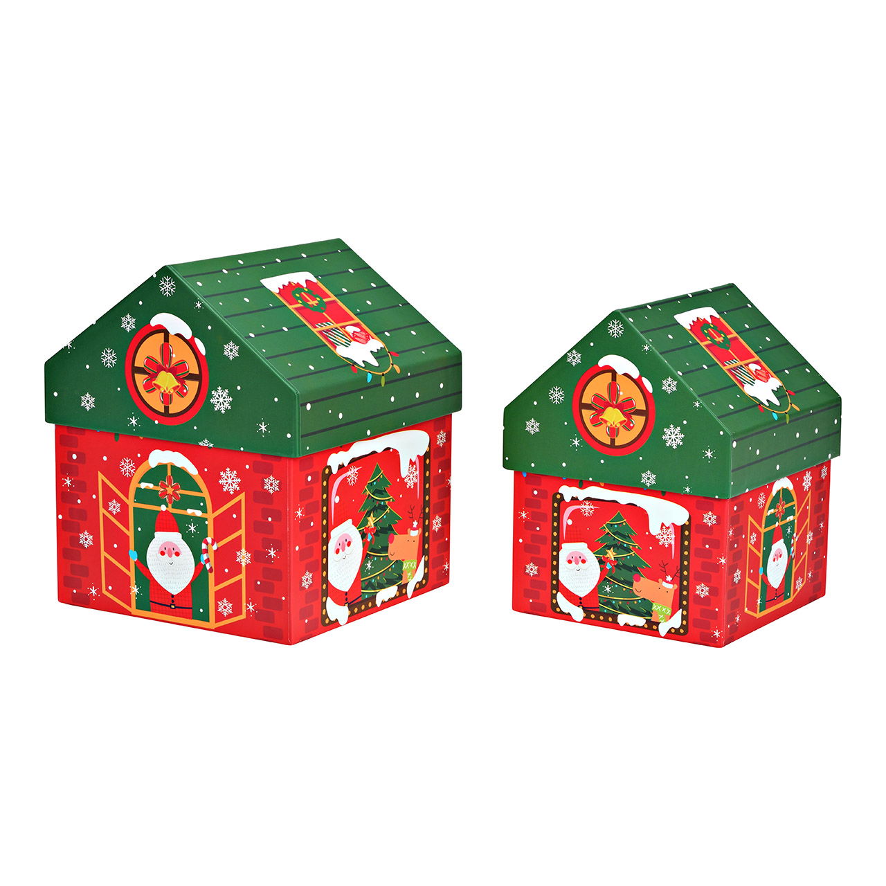 Gift box house made of paper/cardboard, set of 2, red/green (W/H/D) 15x18x15cm