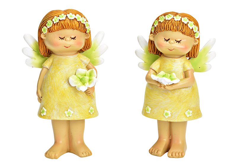 Fairy with flower decoration from poly yellow 2-fold, (W/H/D) 7x13x5cm