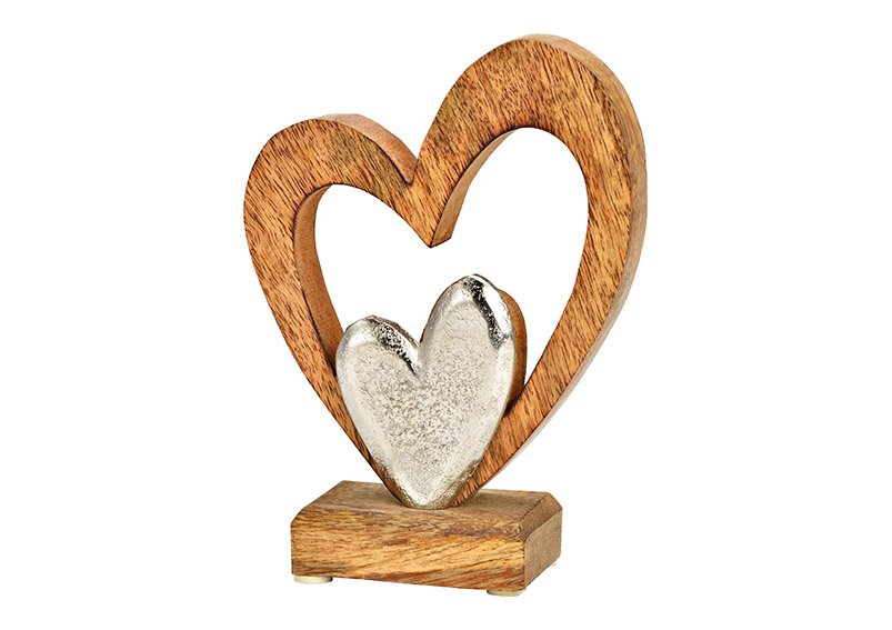 Corazón expositor con corazón de metal, de madera de mango natural (A/H/D) 13x17x5cm