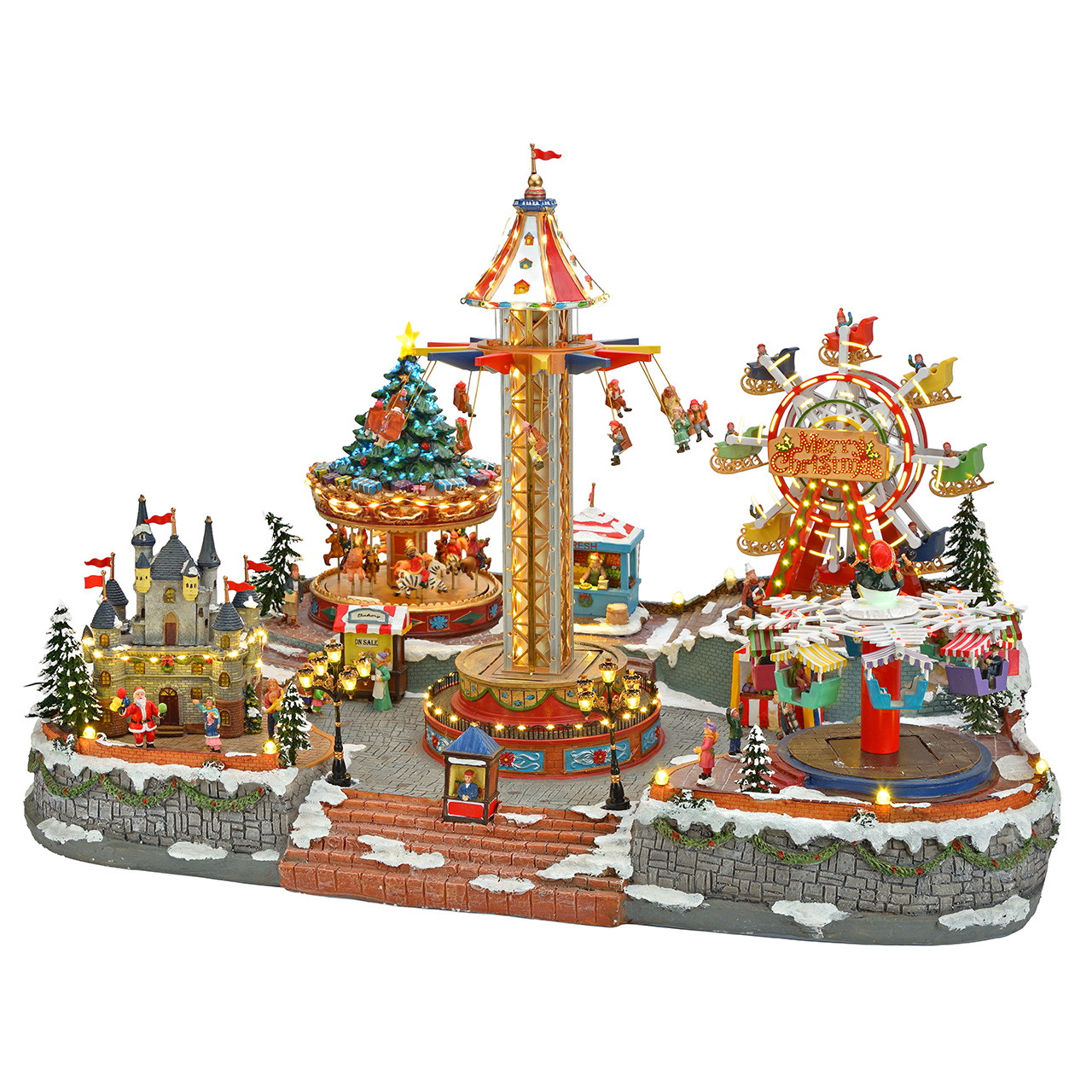 Weihnachtsdorf, Jahrmarkt, Karussell, beleuchtet, Winterlandschaft