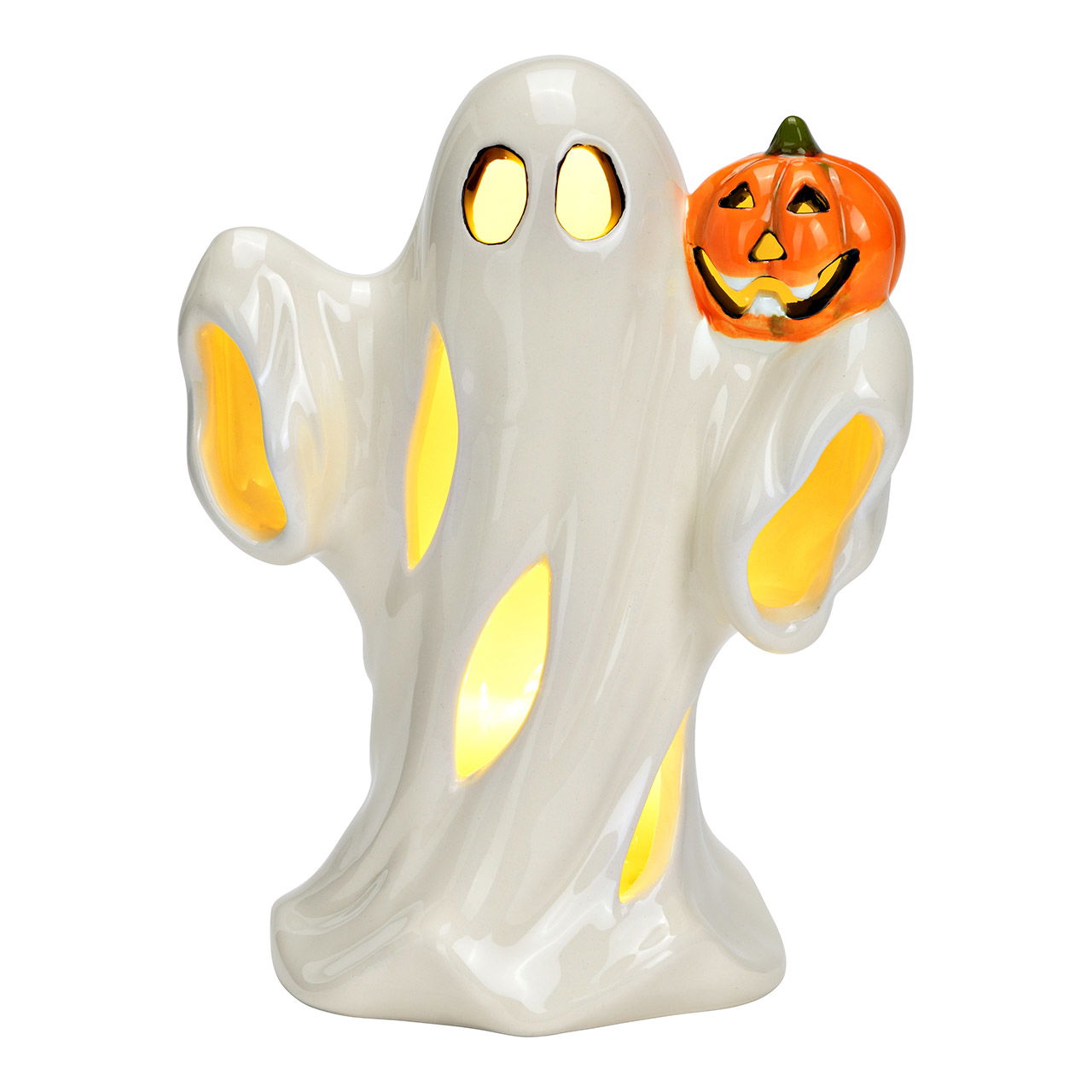 Figurine Fantôme avec citrouille avec LED en céramique, blanc/orange (L/H/P) 12x16x9cm Fonctionnement sur piles 2xLR44 non incluses Figurine Fantôme avec citrouille avec LED en céramique, blanc/orange (L/H/P) 12x16x9cm Fonctionnement sur piles 2xLR44 non incluses