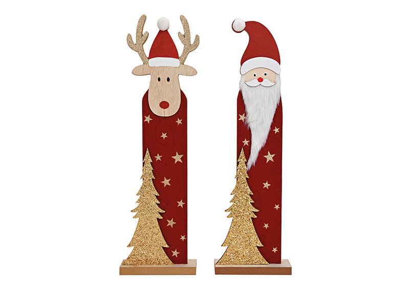 Display Babbo Natale, alce di legno, tessuto rosso 2 volte, (L/H/D) 15x50x6cm