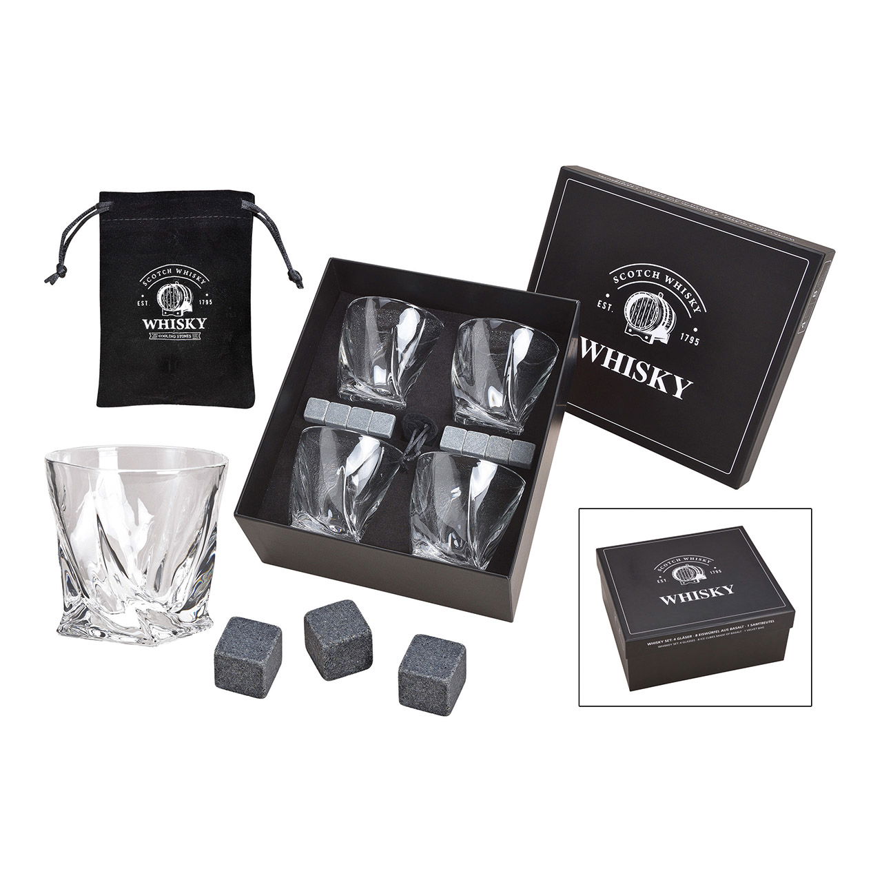 Whisky stenen set, basalt stenen ijsblokjes, 2cm, 8 blokjes met 4 glazen 9x8x9cm 300ml, 26,6x11,5x23,6cm