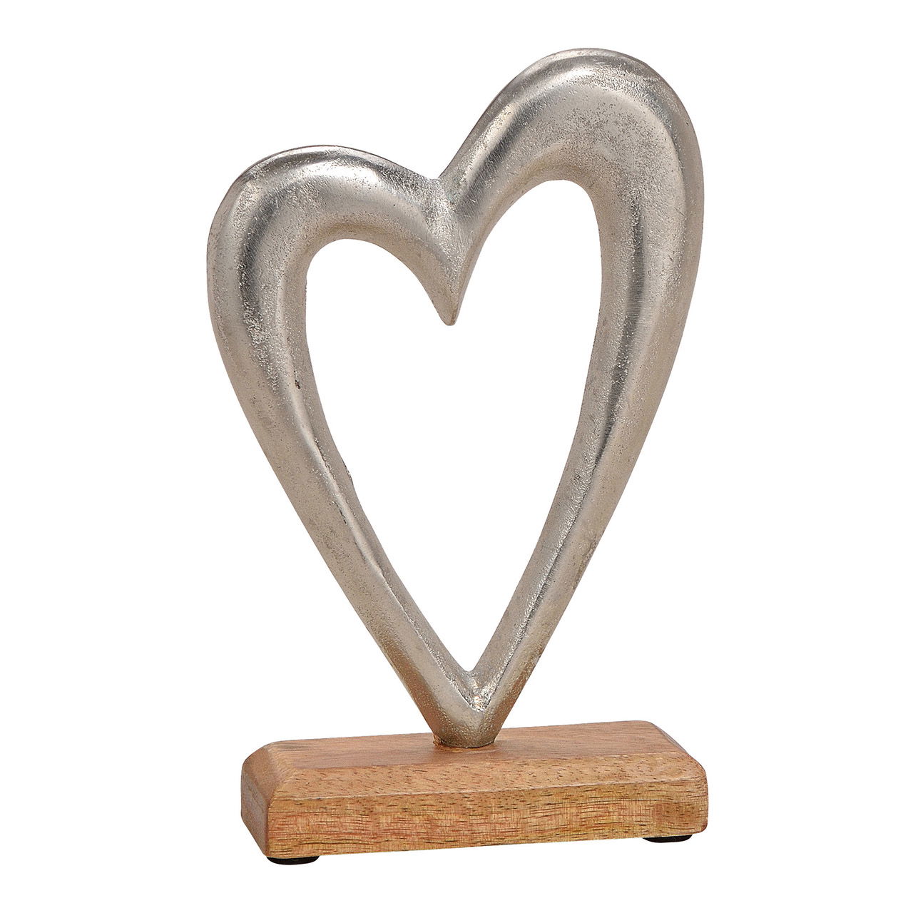 Heart made of metal, on mango wood base, silver and brown color, (b/h/t) 14x21x5cm