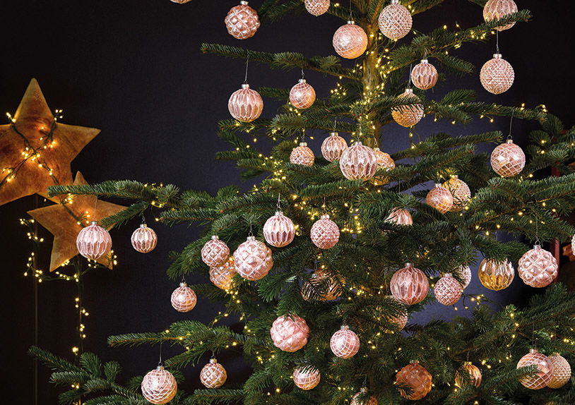 Weihnachtskugel Glitter aus Glas, 4-fach, Pink/Silber Ø6cm Pflanze, Baum, Weihnachtsdekorationen, Festival, Weihnachtsbaum