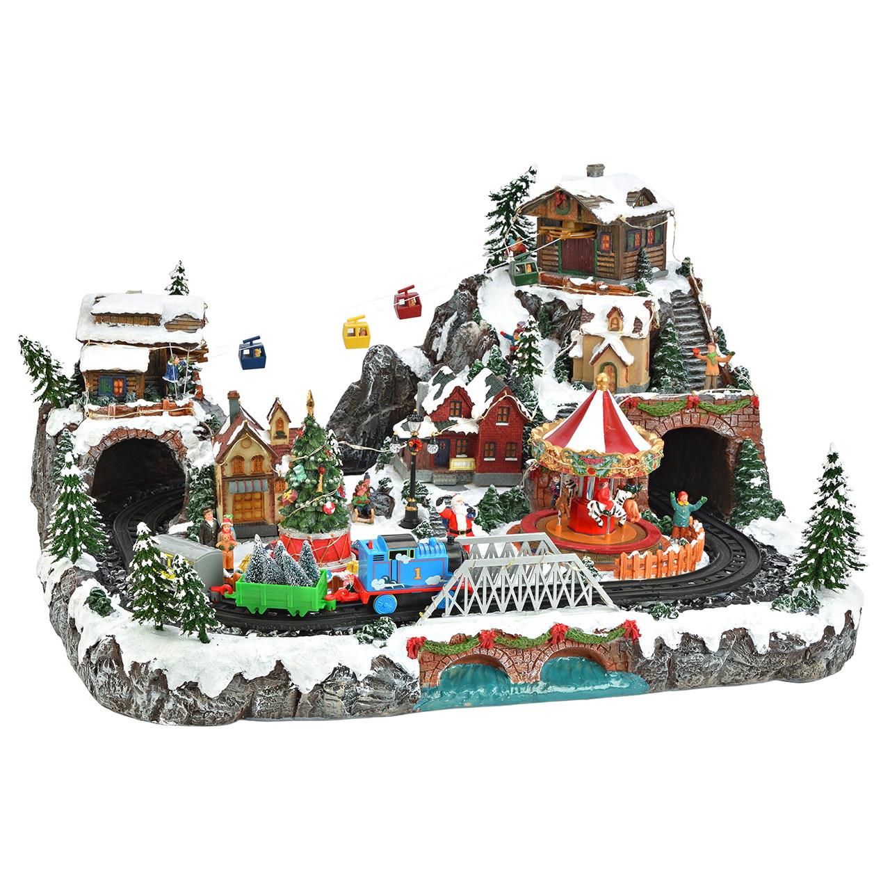 Weihnachtsdorf mit Eisenbahn, Karussell und Seilbahn aus Poly Weihnachtsdorf, Modelleisenbahn, Winterlandschaft, Karussell, Seilbahn