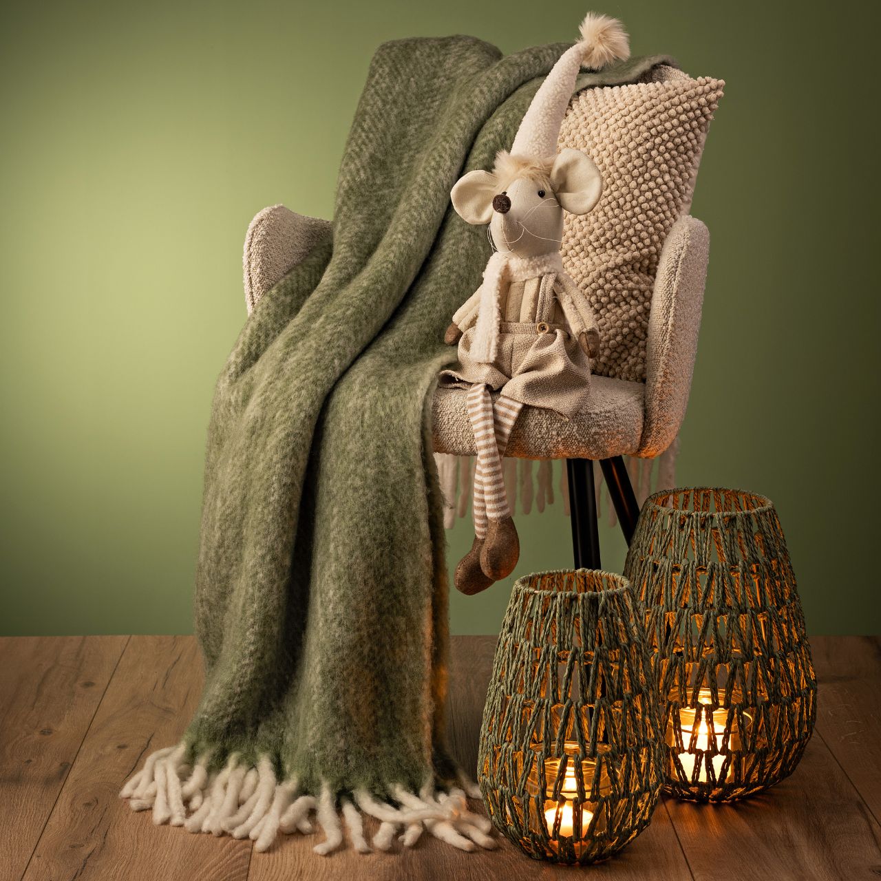 Tabouret de bord souris d'hiver en textile beige (L/H/P) 15x47x19cm Lampe