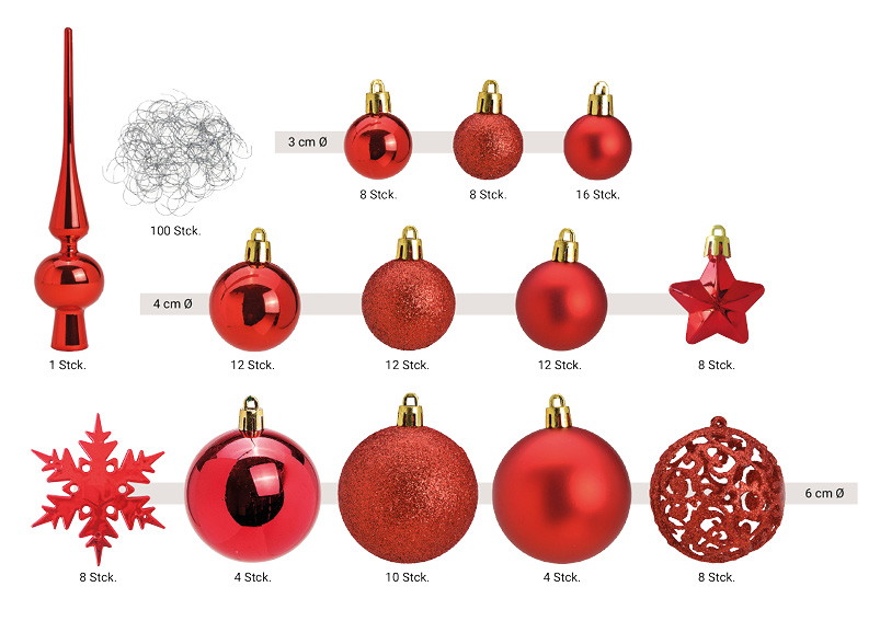 Adornos de Navidad de plástico, lote de 111, rojo Ø3/4/6cm (A/A/P) 36x23x12cm Zubehor, Ohrring, Schmuck, Ornament