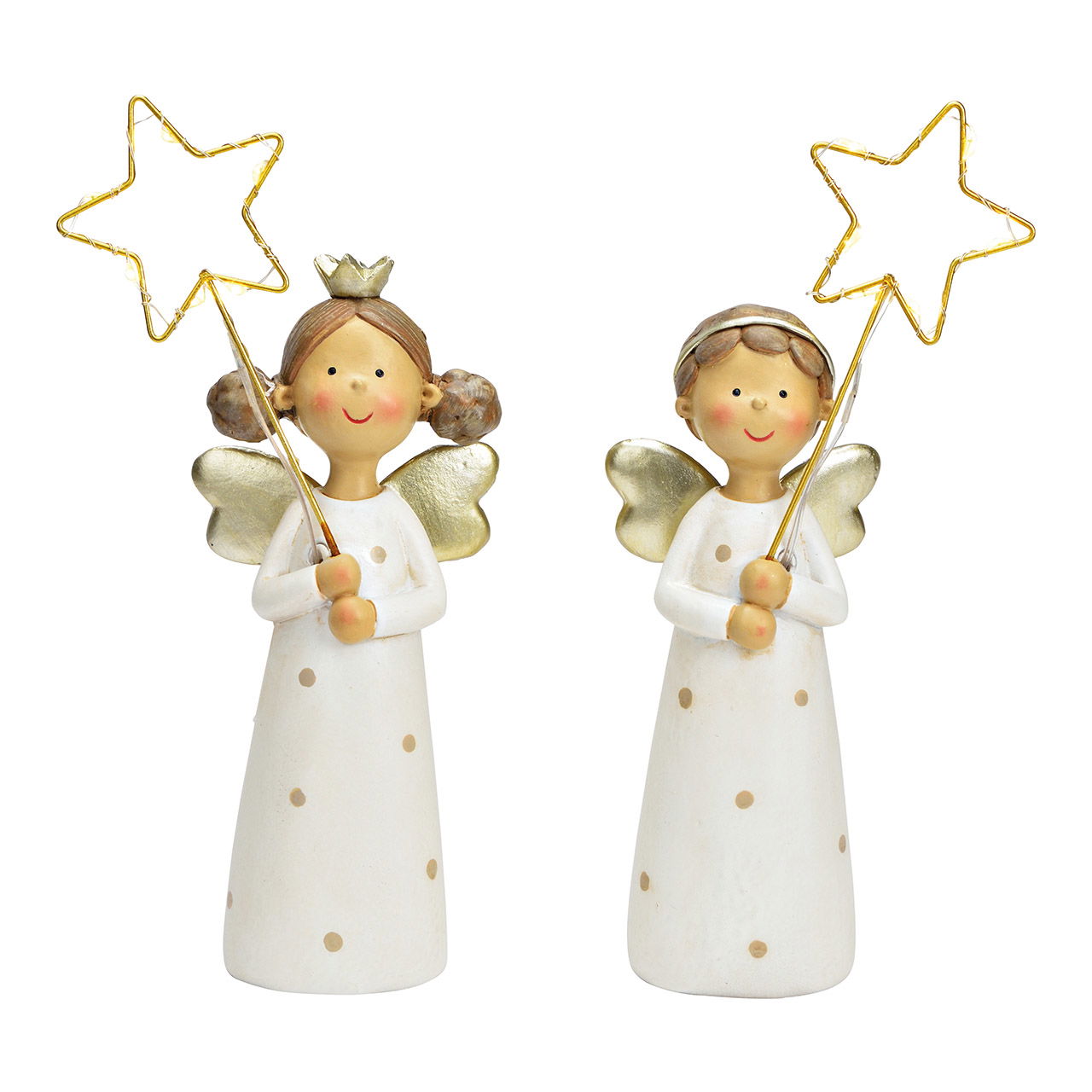 Angelo con stella LED in poli-oro a 2 pieghe, (L/A/D) 7x23x5cm