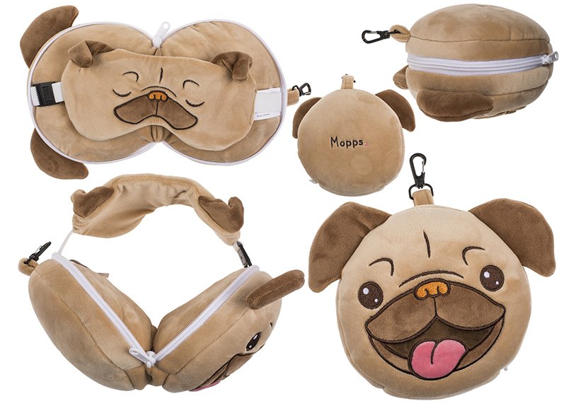 Children plush travel pillow with eye mask pug, made of textile brown (W/H/D) 14x18x9cm