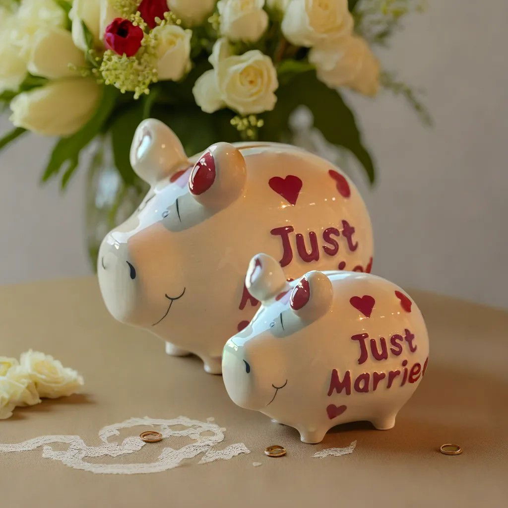 KCG Sparschwein "Just Married" aus Keramik, Weiß/Rot (B/H/T) 17x15x15cm Mittelschwein