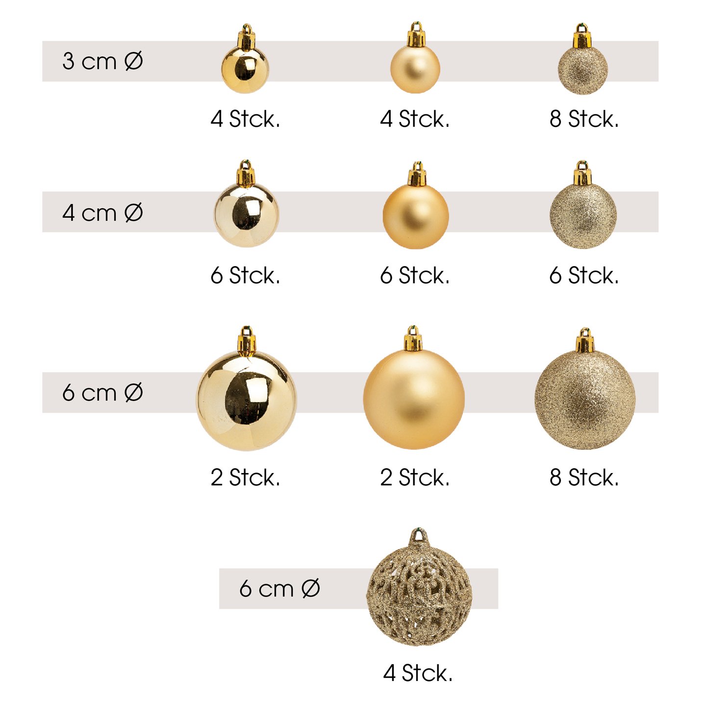Weihnachtskugeln aus Kunststoff, 50er-Set, Gold Ø3/4/6cm (B/H/T) 23x18x12cm