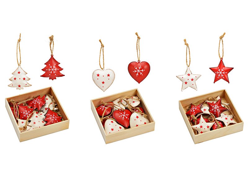 Christmas hanger set, star, heart, fir tree, 5cm, made of metal red, white set of 8, 3-fold, (W/H/D) 10x3x10cm