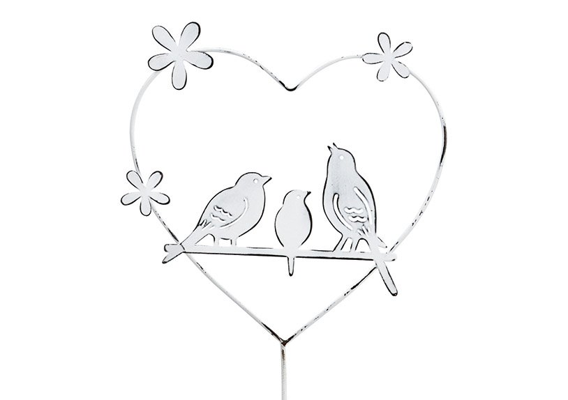 Tapón corazón, decoración de pájaros, de metal blanco (A/A) 22x79cm