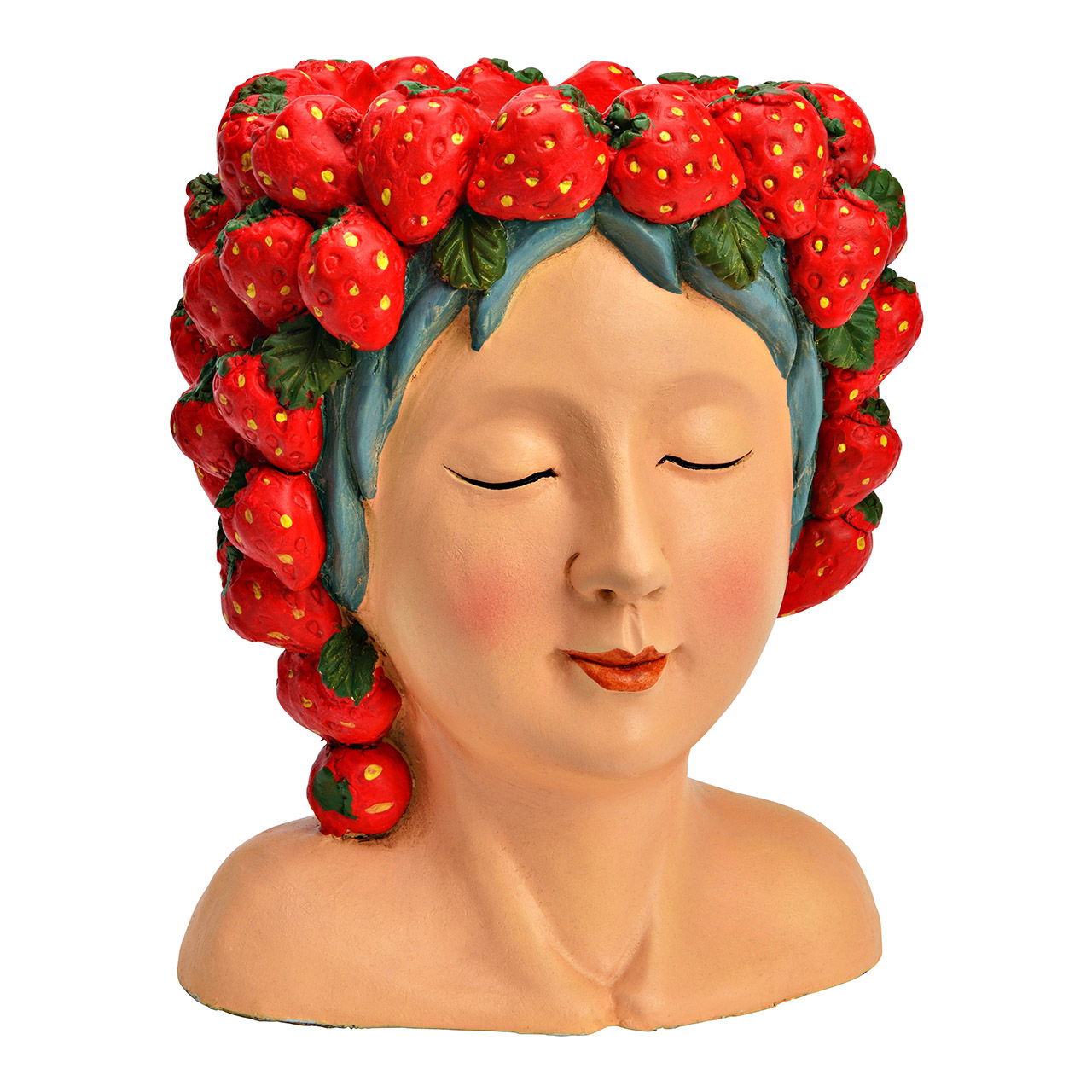 Blumentopf Frauenkopf mit Erdbeeren aus Magnesia, Rosa/Rot (B/H/T) 22x28x21cm Blumentopf Frauenkopf mit Erdbeeren aus Magnesia, Rosa/Rot (B/H/T) 22x28x21cm