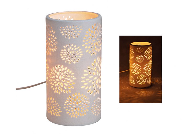 Lampe de table cylindre blanc en porcelaine, décor fleurs, 10x20x10cm