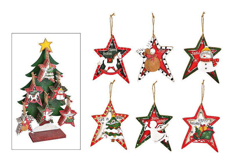 Weihnachtshänger Stern Weihnachtsmotiv 48 Stk. auf Baum Display aus Holz Bunt 6-fach (B/H/T) 10x14x0.5 cm