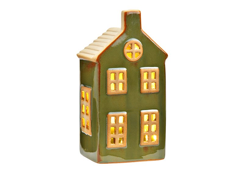 House with LED made of ceramic green (W/H/D) 8x16x6cm Battery operation 3XAG13 not included