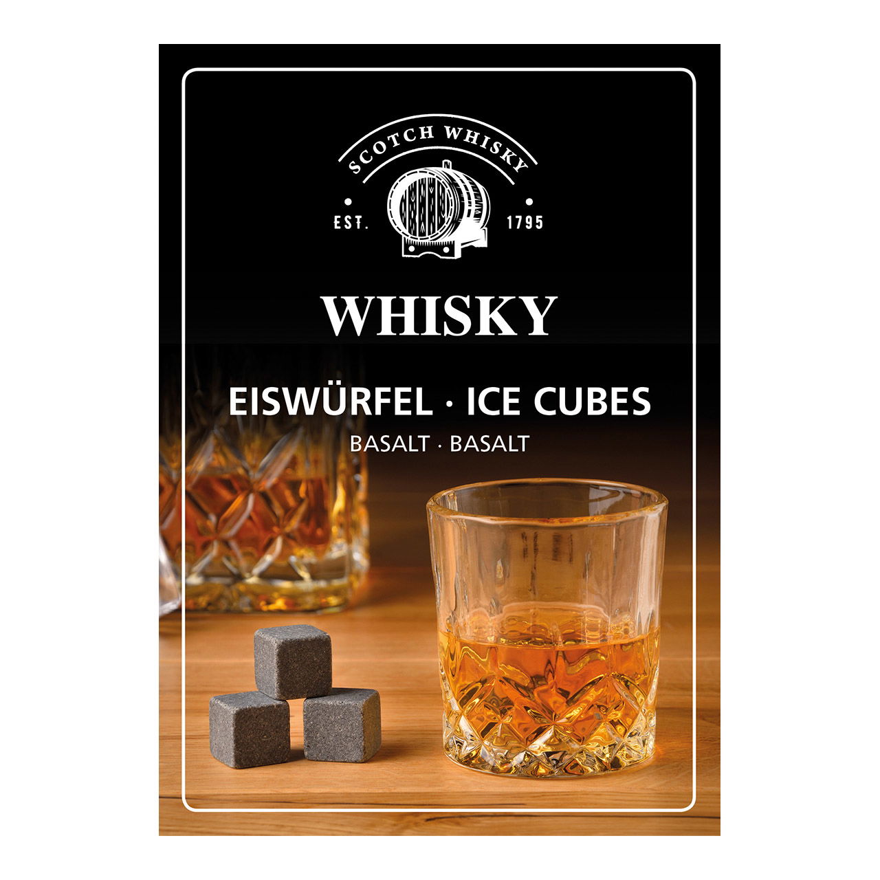 Whisky steen set, basalt stenen ijsblokje, 2cm, 8 blokjes met 4 glazen 9x8x9cm, 300ml, in houten kist 21,5x10x30,7cm