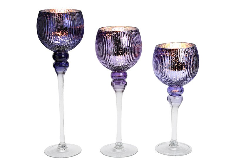 Lantaarn Set Goblet geribbeld, gemaakt van glas Purple, zilver Set van 3, (B/H/D) 30, 35, 40cm x Ø13cm