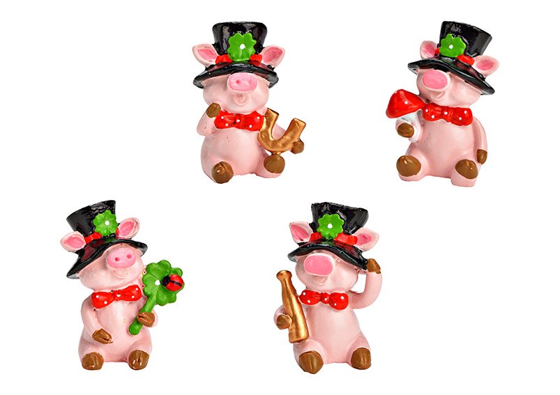 Glücksschwein mit Zylinder in Geschenktüte aus Poly rosa 4-fach, (B/H/T) 3x4x2cm in 24er Display