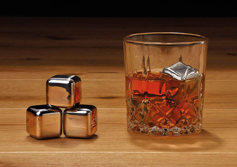 Whisky stainless steel cubes, 4 pcs, 2,7cm, with 1 pc black velvet bag, 1 pc glass 210ml, in wooden box 18x9x16cm