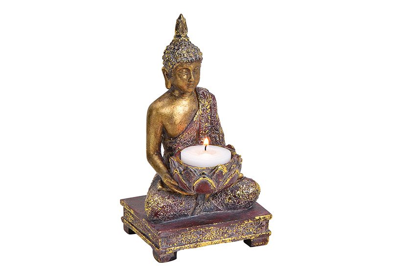 Tealight holder, buddha, poly, gold glitter, 10x18x9cm