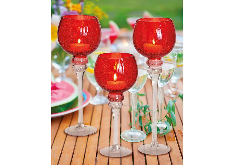 Set lanterna calice Cracking rosso, 30, 35, 40cm x Ø13cm, in vetro, set di 3