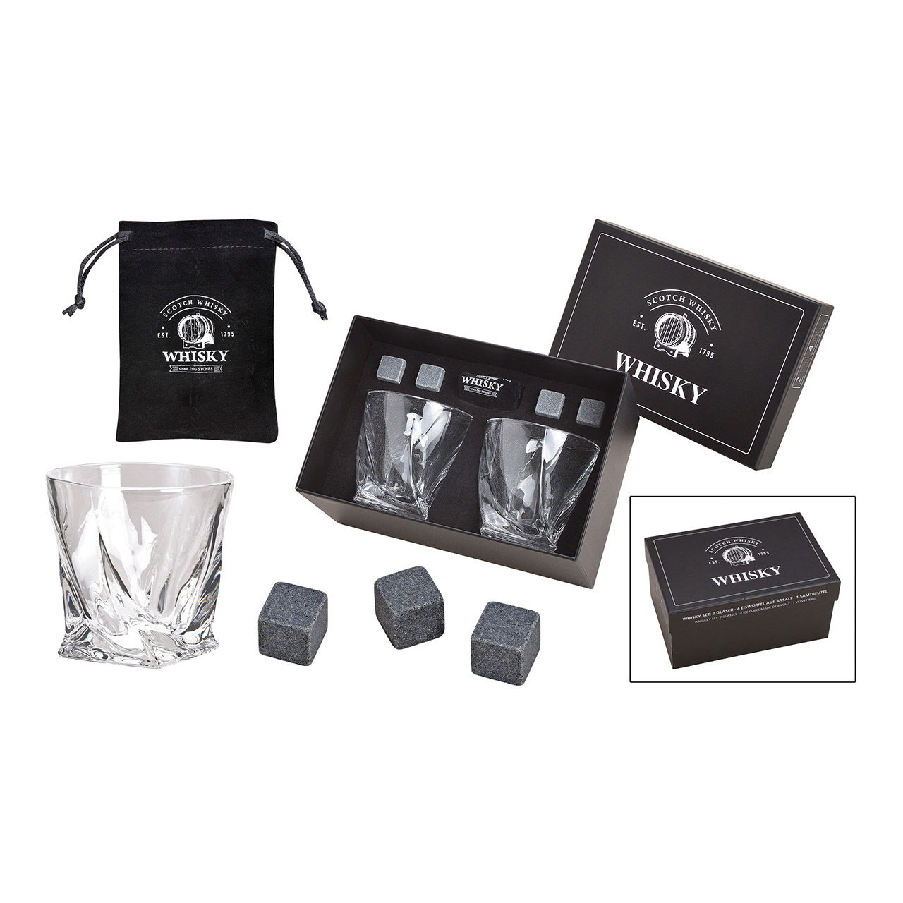 Whisky steen set, basalt stenen ijsblokje, 2cm, 4 blokjes met 2 glazen, 9x8x9cm, 300ml, 23,6x11,5x15,8cm