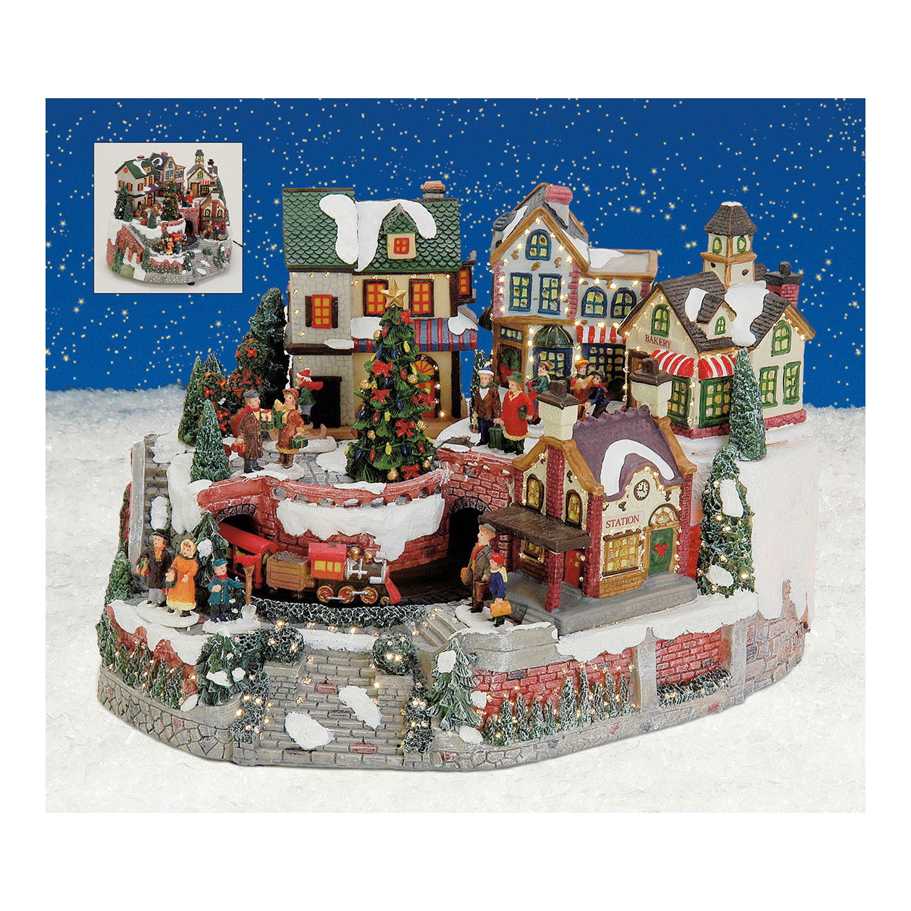 Winter village scene with light, mov. Train made of poly, W34 x D24 x H22 cm