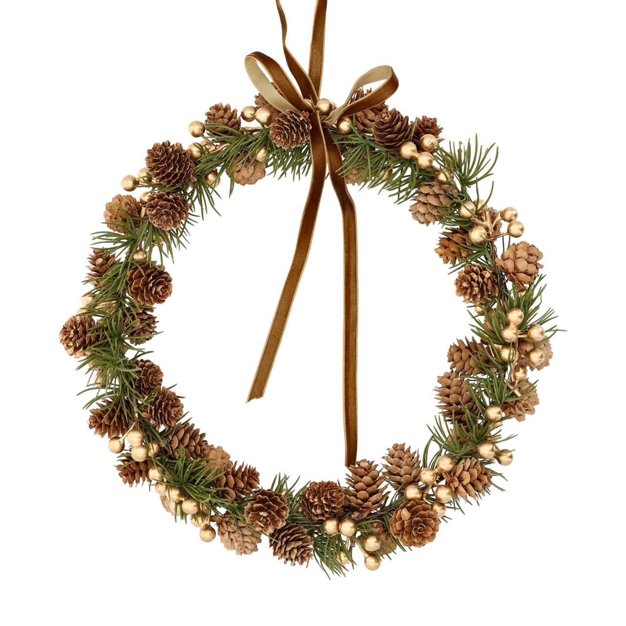 Adventskranz, Weihnachtskranz, Kieferzweige, Kegelzapfen, goldene Beeren