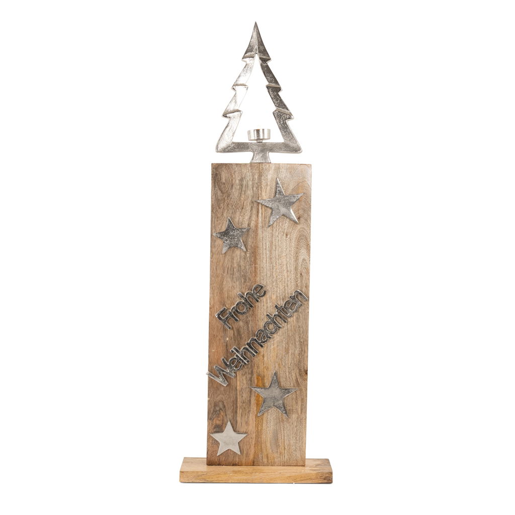 Aufsteller Frohe Weihnachten Baum mit Teelichthalter, Holz/Metall, 30x10x91cm, 1  Stck, natur/silber