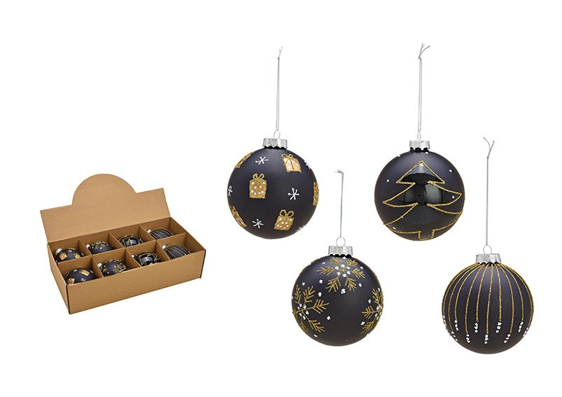 Kerstbal met goud glitter Kerstmotief in glas Zwart 4-voudig, (B/H/D) 10x10x10cm Ø10cm