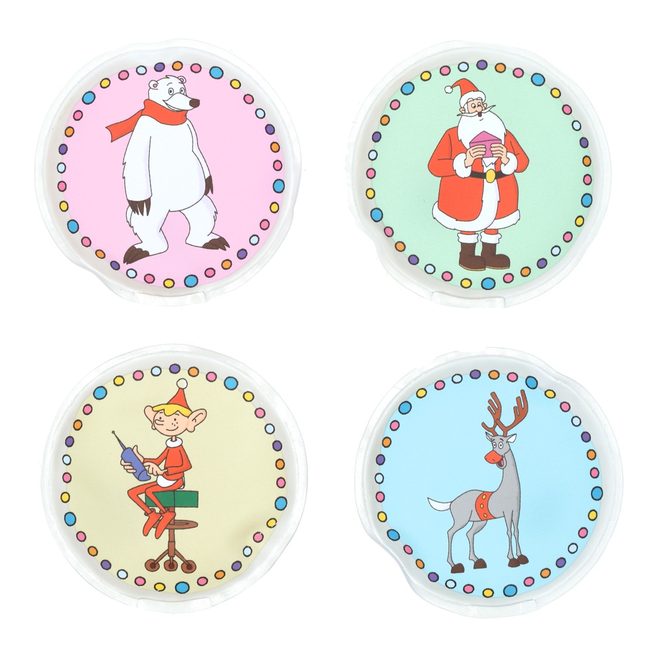 Weihnachtsmann & Co. KG Taschenwärmer Balbo/Weihnachtsmann/Jordi/Rudolph 4-fach im Display aus Kunststoff (B/H/T) 9x9x0.5cm Plastikdeckel, Polarfigur, Weihnachtsmann, Rentier, Kinderdeko, Weihnachtsfiguren, Polar- Bär, Santa Claus, Elfe, Rentier
