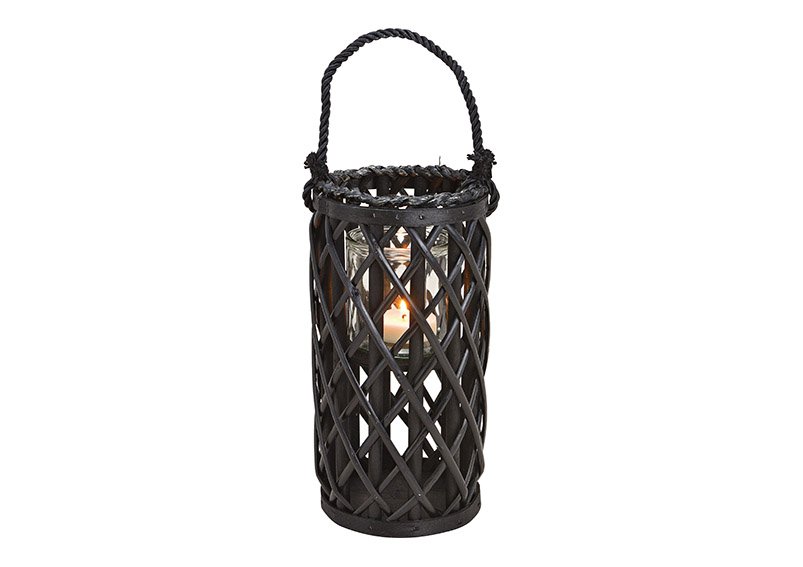 Lantern wickerwork with lantern glass made of natural material black (w / h / d) 15x31x15cm