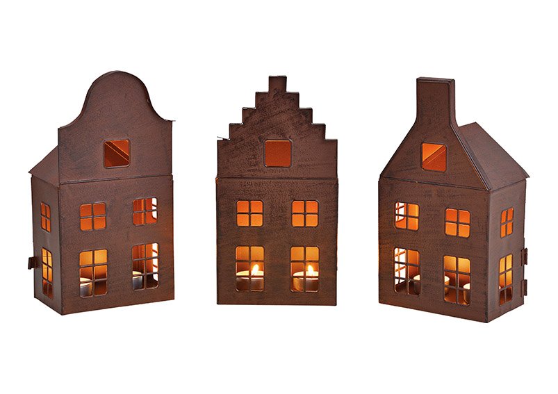 Windlight house made of metal brown 3-fold, (w / h / d) 13x25x10cm