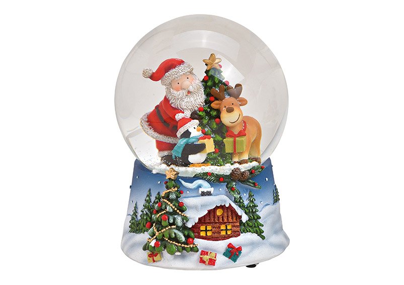 Boîte à musique, boule à neige Père Noël avec pingouin en poly, verre coloré, (L/H/P) 10x14x10cm