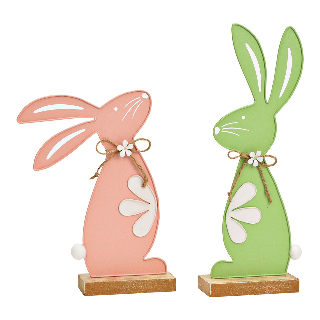 Metal rabbit stand on wooden base, 2-fold, green/pink (W/H/D) 10x30x5cm