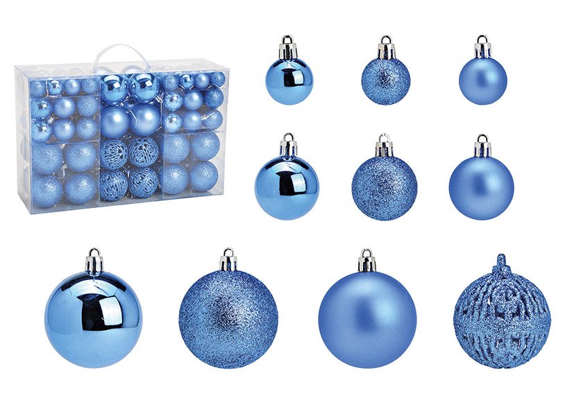 Weihnachtskugeln aus Kunststoff, 100er-Set, Königsblau, Ø3/4/6cm (B/H/T) 23x35x12cm