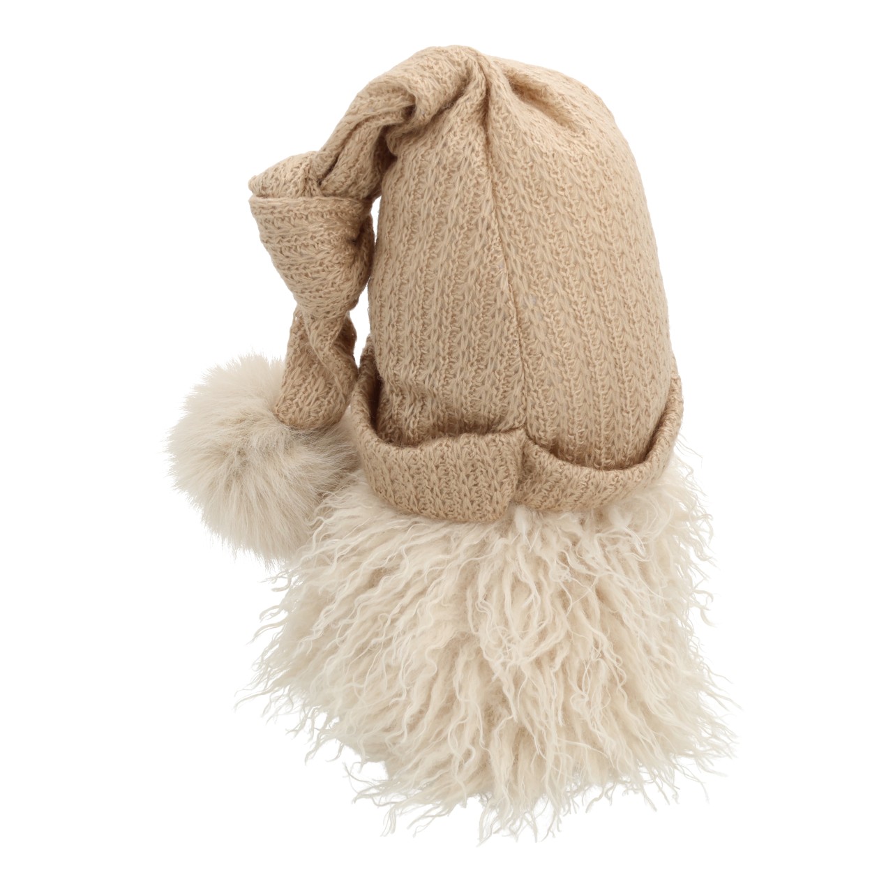 Mütze, Strickmütze, Beige, Pompon, Kunstfell