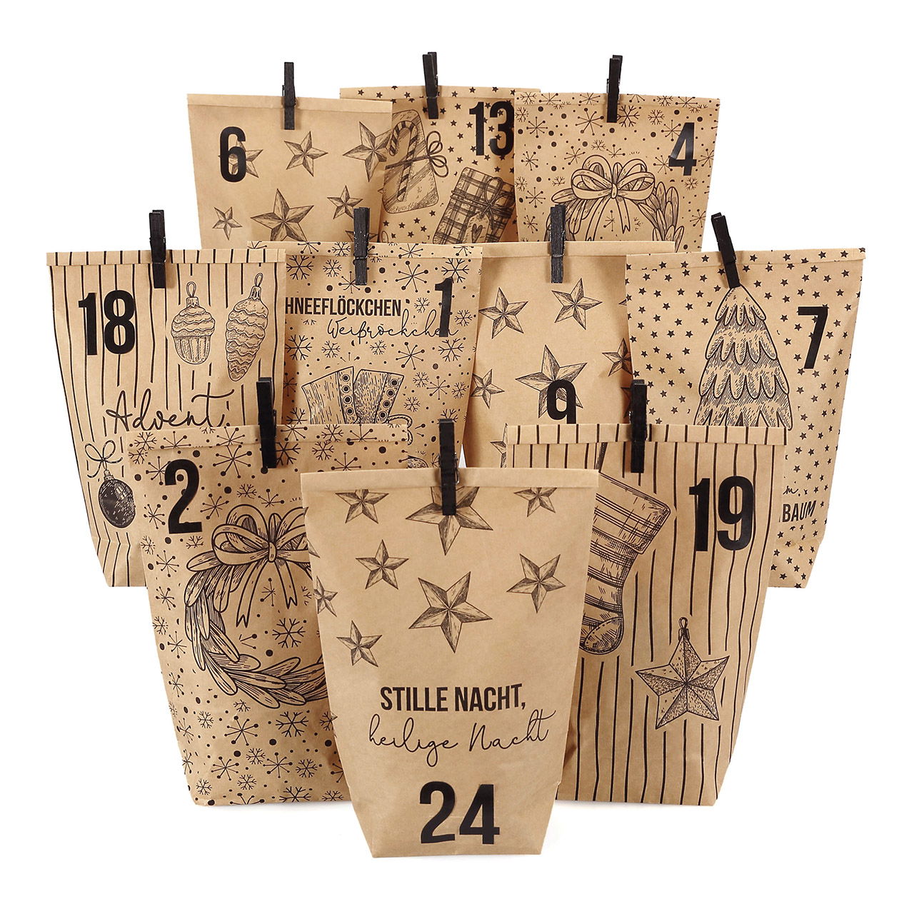 Adventskalender kerstmotieven van inpakpapier, 24 bedrukte zakjes met zwarte clips, bruin, 72 st. (B/H/D) 24x21x2cm Adventskalender kerstmotieven van inpakpapier, 24 bedrukte zakjes met zwarte clips, bruin, 72 st. (B/H/D) 24x21x2cm