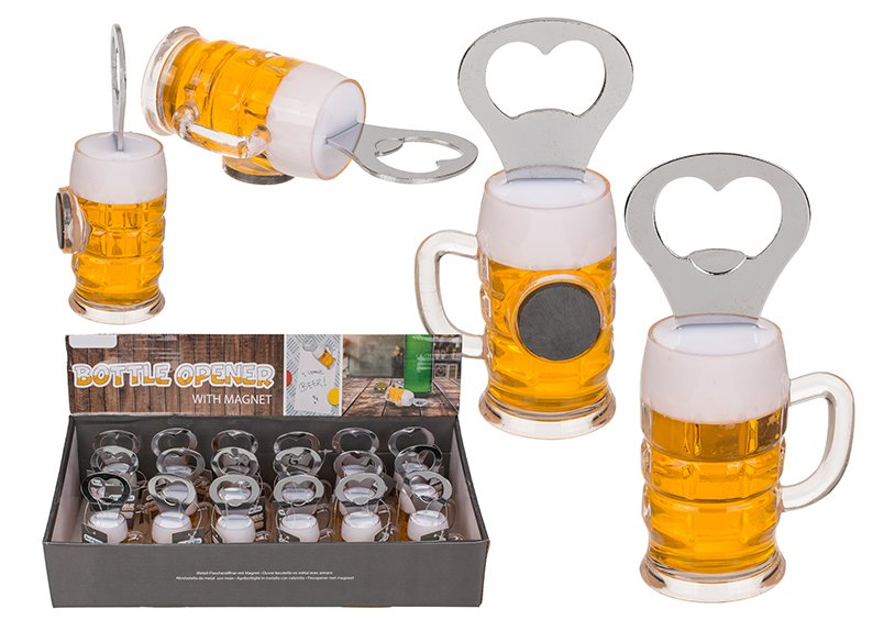 Bottle opener beer glass, with magnet, made of metal Yellow (W/H/D) 3x10x3cm